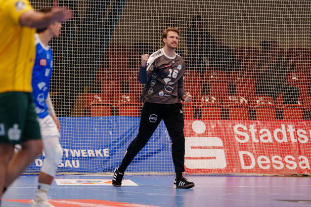 2nd Handball Bundesliga, Matchday 3: Dessau Roßlauer HV 06 vs. VfL Eintracht Hagen, Philip Ambrosius, Dessau Roßlauer HV 06, 16 clenches his fist on September 11, 2026, at the Anhalt Arena, Dessau-Roßlau, Saxony-Anhalt, Dessau-Roßlau, Anhalt Arena, Saxony-Anhalt, Germany