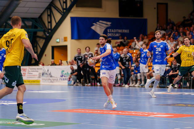 2 Handball Bundesliga, Matchday 3: Dessau Roßlauer HV 06 vs. VfL Eintracht Hagen, Mika Schüler (Dessau Roßlauer HV 06), 23 on a fast break on September 11, 2026, at the Anhalt Arena, Dessau-Roßlau, Saxony-Anhalt, Dessau-Roßlau, Anhalt Arena, Saxony-Anhalt, Germany