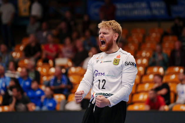 German Handball Bundesliga, Matchday 3: Dessau Roßlauer HV 06 vs. VfL Eintracht Hagen. Jonas Wilde of VfL Eintracht Hagen clenches his fist on September 11, 2026, at the Anhalt Arena, Dessau-Roßlau, Saxony-Anhalt; Dessau-Roßlau, Anhalt Arena, Saxony-Anhalt, Germany