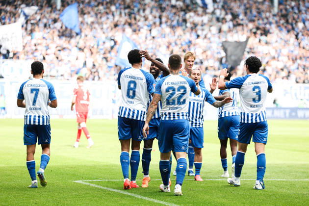 Goal celebration: Goal scorer Emmanuel Iyoha of 1. FC Magdeburg, 8, scores to make it 3–0. 2026–2027 Bundesliga season: 1. FC Magdeburg vs. 1. FC Kaiserslautern at the Avnet Arena in Magdeburg. Action, soccer, man,Men, Germany, September 12, 2026