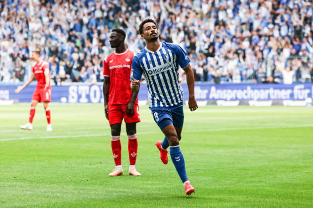 Goal celebration: Scorer Emmanuel Iyoha of 1. FC Magdeburg scores the 3-0 goal in the 2026-2027 Bundesliga season match between 1. FC Magdeburg and 1. FC Kaiserslautern at the Avnet Arena in Magdeburg. Action, soccer, man,Men, Germany, September 12, 2026