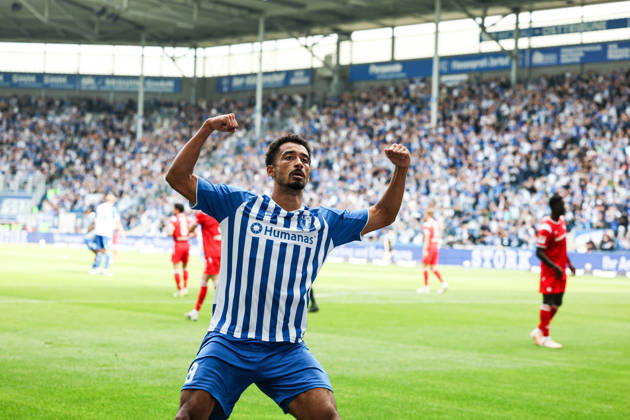 Goal celebration: Scorer Emmanuel Iyoha of 1. FC Magdeburg scores the 3-0 goal in the 2026-2027 Bundesliga season match between 1. FC Magdeburg and 1. FC Kaiserslautern at the Avnet Arena in Magdeburg. Action, soccer, man,Men, Germany, September 12, 2026
