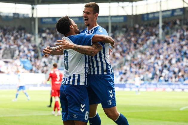 Goal celebration: Scorer Emmanuel Iyoha (1 FC Magdeburg, 8) scores to make it 3–0 with Mateusz Zukowski (1 FC Magdeburg,22 2 German Bundesliga 2026–2027 season: 1 FC Magdeburg vs. 1 FC Kaiserslautern at the Avnet Arena in Magdeburg; action, soccer, man, men, Germany, September 12, 2026