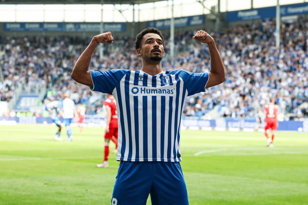 Goal celebration: Goal scorer Emmanuel Iyoha of 1. FC Magdeburg, 8, scores to make it 3-0. 2026-2027 Bundesliga season: 1. FC Magdeburg vs. 1. FC Kaiserslautern at the Avnet Arena in Magdeburg. Action, soccer, man,Men, Germany, September 12, 2026