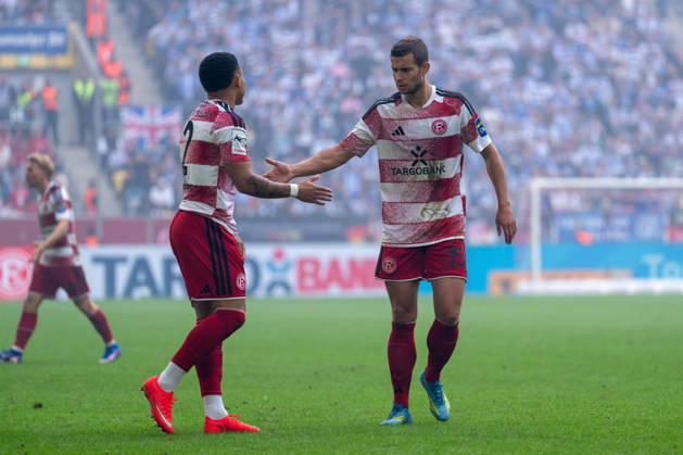 Steven van der Sloot (Fortuna Düsseldorf, No. 02) and Tim Oberdorf (Fortuna Düsseldorf, No. 15) high-five during Fortuna Düsseldorf vs. MSV Duisburg, soccer, 3. Liga, Matchday 05, 2026–27 Season, December 9, 2026, DFL regulations prohibit any use of photographs as image sequences and or quasi-video. Fortuna Düsseldorf vs. MSV Duisburg, soccer, 3. Liga, Matchday 5, 2026–27 season, September 12, 2026, Düsseldorf Copyright: xEibner-Pressefoto LukasxBaldygax EP_LBA