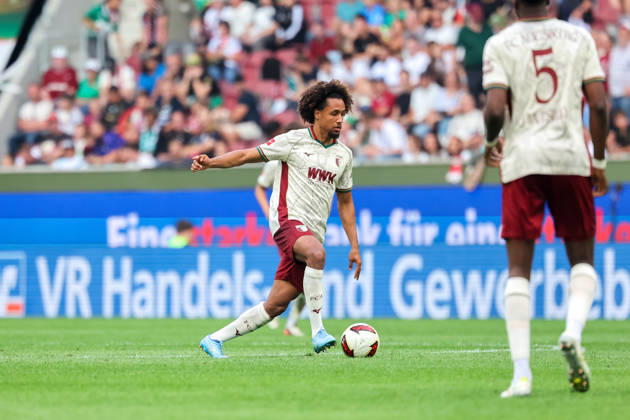 Han Noah Massengo, FC Augsburg, No. 04 with the ball, GER, FC Augsburg vs. Bayer 04 Leverkusen, Soccer, Bundesliga, Matchday 3, 2026–2027 Season, September 12, 2026, DFL and DFB regulations prohibit any use of photographs as image sequences and or quasi-video, GER, FC Augsburg vs. Bayer 04 Leverkusen, soccer, Bundesliga, Matchday 3, 2026–2027 season, September 12, 2026, Augsburg Copyright: xEibner-Pressefoto JennixMaulx EP_JML