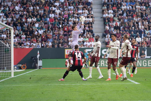 Finn Dahmen 1 of Augsburg in action during the Bundesliga match between FC Augsburg and Bayer 04 Leverkusen on September 12, 2026, at the WWK Arena in Augsburg, Bavaria, Germany