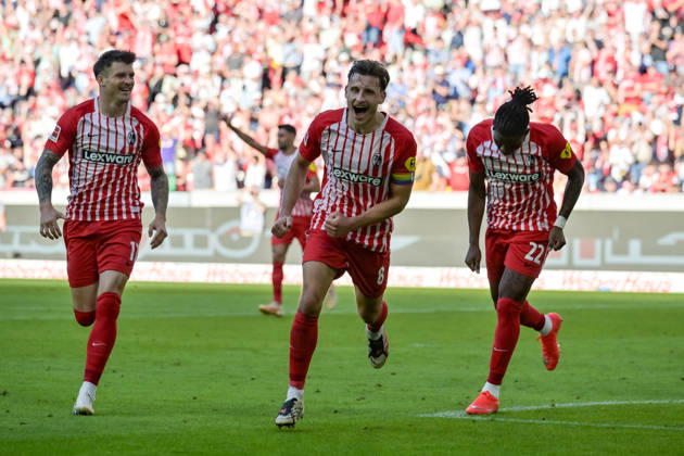 Celebration of the 5-0 goal by Maximilian Eggestein (SC Freiburg, 08) with Lukas Kübler (SC Freiburg, 17), Cyriaque Irie (SC Freiburg), 22 (GER), SC Freiburg vs. Borussia Mönchengladbach, soccer, Bundesliga, Matchday 3, 2026–2027 season, September 12, 2026 DFL DFB regulations prohibit any use of photographs as image sequences and or quasi-video GER, SC Freiburg vs. Bor Moenchengladbach, Soccer, Bundesliga, Matchday 3, 2026–2027 Season, September 12, 2026, Freiburg Copyright: xEibner-Pressefotox EP_THS