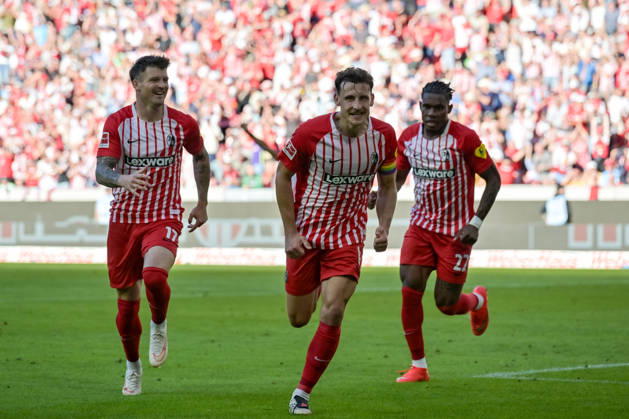 Celebration of the 5-0 goal by Maximilian Eggestein (SC Freiburg, 08) with Lukas Kübler (SC Freiburg, 17), Cyriaque Irie (SC Freiburg), 22 (GER), SC Freiburg vs. Borussia Mönchengladbach, soccer, Bundesliga, Matchday 3, 2026–2027 season, September 12, 2026 DFL DFB regulations prohibit any use of photographs as image sequences and or quasi-video GER, SC Freiburg vs. Bor Moenchengladbach, Soccer, Bundesliga, Matchday 3, 2026–2027 Season, September 12, 2026, Freiburg Copyright: xEibner-Pressefotox EP_THS