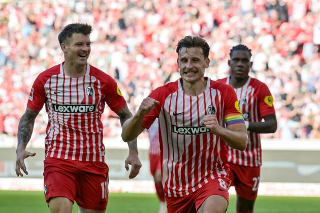 Celebration of the 5-0 goal by Maximilian Eggestein (SC Freiburg, 08) with Lukas Kuebler (SC Freiburg, 17), Germany; SC Freiburg vs. Borussia Mönchengladbach, Soccer, Bundesliga, Matchday 3, 2026–2027 season, September 12, 2026 DFL and DFB regulations prohibit any use of photographs as image sequences and or quasi-video GER, SC Freiburg vs. Borussia Mönchengladbach, Soccer, Bundesliga, Matchday 3, 2026–2027 Season, September 12, 2026, Freiburg Copyright: xEibner-Pressefotox EP_THS