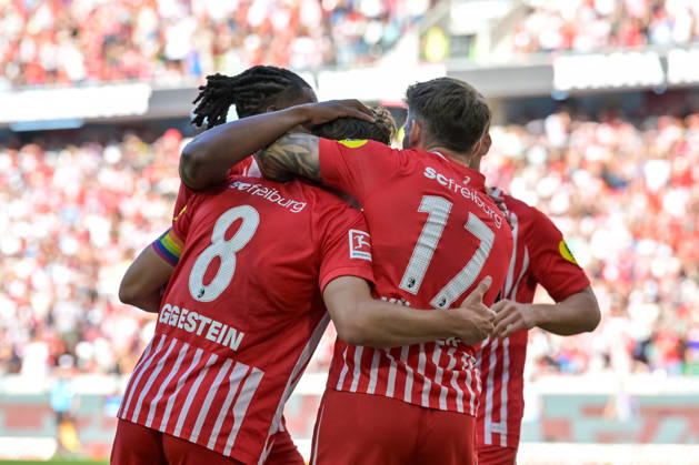 Celebration of the 5-0 goal by Maximilian Eggestein (SC Freiburg, 08) with Lukas Kuebler (SC Freiburg, 17) and Lucas Hoeler (SC Freiburg, 09) GER, SC Freiburg vs. Borussia Mönchengladbach, soccer, Bundesliga, Matchday 3, 2026–2027 season, September 12, 2026 DFL DFB regulations prohibit any use of photographs as image sequences and or quasi-video GER, SC Freiburg vs. Borussia Mönchengladbach, Soccer, Bundesliga, Matchday 3, 2026–2027 Season, September 12, 2026, Freiburg Copyright: xEibner-Pressefotox EP_THS