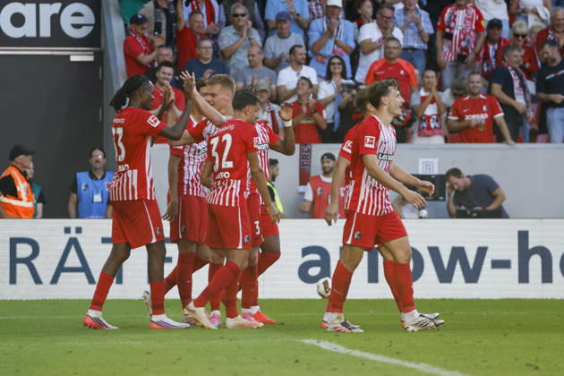 SC Freiburg celebrates Maximilian Eggestein s goal in the 5-0 win; SC Freiburg, 08; joy, excitement, positive emotions, goal, Germany, soccer, Bundesliga 1, Matchday 3, 2026–2027, SC Freiburg vs. Borussia Mönchengladbach, September 12, 2026, Freiburg im Breisgau, Europa-Park Stadium, Germany Copyright: xGrantxHubbsx