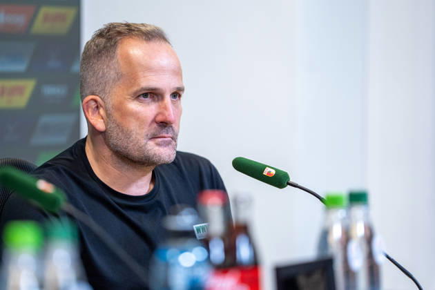 Manuel Baum, Augsburg coach, at the press conference following the Bundesliga match between FC Augsburg and Bayer 04 Leverkusen on September 12, 2026, at the WWK Arena in Augsburg, Bavaria, Germany