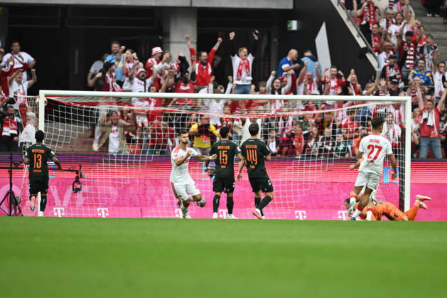 September 12, 2026, GER, Soccer, Men s, 1. Bundesliga, 2026–2027 season, Matchday 3, 1. FC Köln vs. SV Werder Bremen: Tom Krauß (1. FC Köln, 05) and Thijs Dallinga (1. FC Köln, 27) celebrate the 1–0 goal; next to them is Arthur (Werder Bremen, 13), Ludovit Reis (Werder Bremen, 15), Youri Reeger (Werder Bremen, 44), and Karl Hein (Werder Bremen, 01) look frustrated. DFB and DFL regulations prohibit any use of photographs as image sequences and or quasi-video. Cologne, RheinEnergie Stadium, NRW, Germany Copyright: xNordphoto Wiegandx