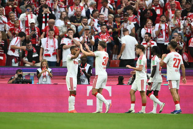 September 12, 2026, GER, Soccer, Men s, Bundesliga 1, 2026–2027 Season, Matchday 3, 1. FC Köln vs. SV Werder Bremen Linton Maina (1. FC Köln), 37, Marius Bülter (1. FC Köln), 30, Thijs Dallinga, 1 FC Köln, 27, and the team celebrate the 1–0 goal; DFB and DFL regulations prohibit any use of photographs as image sequences and or quasi-video. Köln Rhein Energie Stadium, NRW, Germany Copyright: xNordphoto Wiegandx