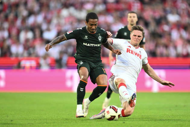 September 12, 2026, GER, Soccer, Men s, 1. Bundesliga, 2026–2027 Season, Matchday 3, 1. FC Köln vs. SV Werder Bremen. Arthur (Werder Bremen), 13, in a tackle with Marius Bülter (1. FC Köln), 30. DFB and DFL regulations prohibit any use of photographs as image sequences and or quasi-video. Köln Rhein Energie Stadium, NRW, Germany Copyright: xNordphoto Wiegandx