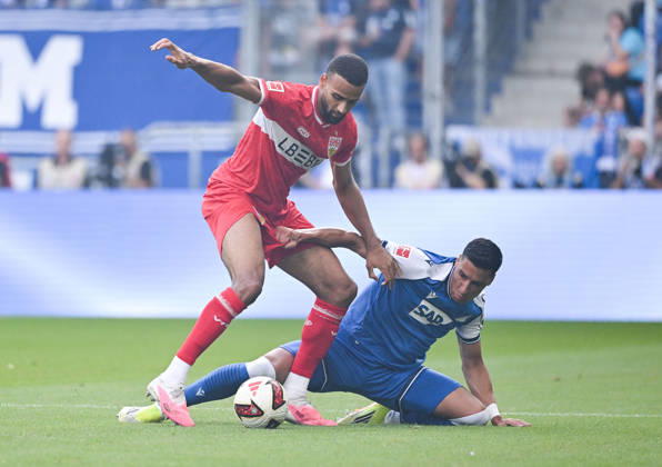 September 12, 2026, SNP Arena, Sinsheim, GER, 1. Bundesliga, TSG Hoffenheim vs. VfB Stuttgart, Josha Vagnoman (Stuttgart), Adam Daghim (Hoffenheim). DFL regulations prohibit any use of photographs as image sequences and or quasi-video. Photo by Hasan Bratic, DeFodi Images