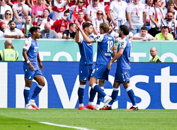 September 12, 2026, SNP Arena, Sinsheim, GER, 1. Bundesliga, TSG Hoffenheim vs. VfB Stuttgart, Adam Hlozek; Hoffenheim celebrates his goal to make it 1–0. DFL regulations prohibit any use of photographs as image sequences and or quasi-video. Photo by Hasan Bratic, DeFodi Images