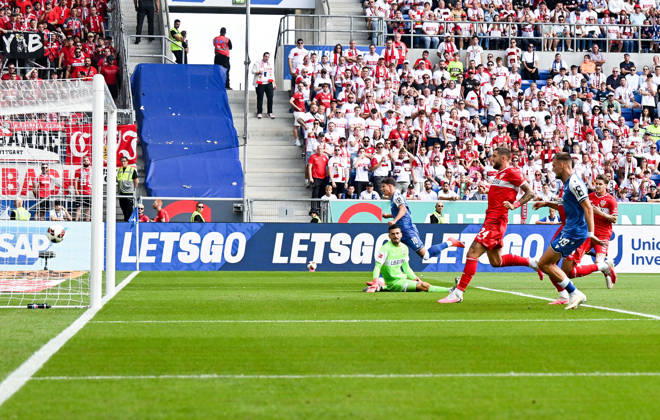 September 12, 2026, SNP Arena, Sinsheim, GER, 1. Bundesliga, TSG Hoffenheim vs. VfB Stuttgart, Adam Hlozek of Hoffenheim scores the goal to make it 1–0. DFL regulations prohibit any use of photographs as image sequences and or quasi-video. Photo by Hasan Bratic, DeFodi Images