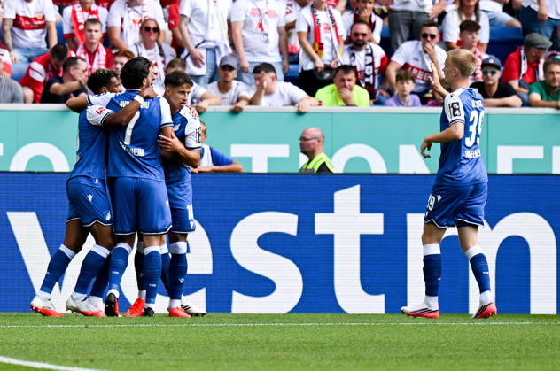 September 12, 2026, SNP Arena, Sinsheim, GER, 1. Bundesliga, TSG Hoffenheim vs. VfB Stuttgart, Adam Hlozek; Hoffenheim celebrates his goal to make it 1–0. DFL regulations prohibit any use of photographs as image sequences and or quasi-video. Photo by Hasan Bratic, DeFodi Images