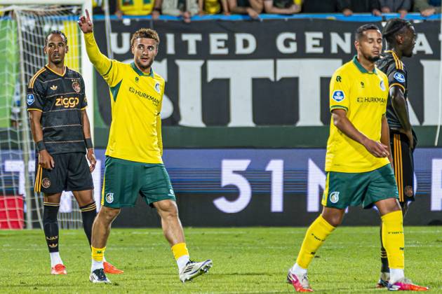 SITTARD - Anthony Descotte of Fortuna Sittard celebrates his team s first goal during the Eredivisie match between Fortuna Sittard and AFC Ajax at the Fortuna Sittard Stadium on September 12, 2026, in Sittard, the Netherlands. KEVIN SENDERS ANP Eredivisie 2026 27 xVIxANPxSportx xMarcelxterxBalsxIVx 568356640 originalFilename: 568356640