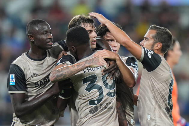 Cagliari s Daniel Maldini celebrates after scoring 1-2 during the Serie A soccer match between Atalanta and Cagliari at New Balance Arena in Bergamo , Italy - September 12, 2026. - Soccer  Copyright: xSpada LaPressex