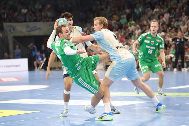 September 13, 2026, xBHAx, Handball, Opel HBL, 2026–2027 Season, 1st HBL, Füchse Berlin vs. VfL Gummersbach, Max Schmeling Hall, Mathias Gidsel of Füchse Berlin No. 19 on the attack against Ellidi Snaer Vidarsson of VfL Gummersbach No. 4, Berlin, Germany