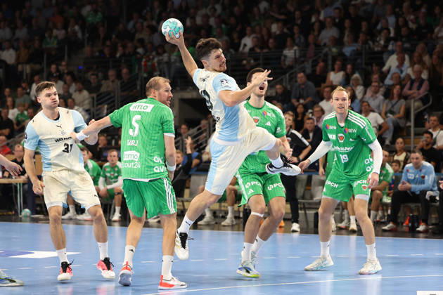 September 13, 2026, xBHAx, Handball, Opel HBL, 2026–2027 season, 1st HBL, Füchse Berlin vs. VfL Gummersbach, Max Schmeling Halle, Alex Dujshebaev, VfL Gummersbach No. 10 on offense, Berlin, Deutschkand