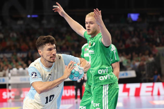 September 13, 2026, xBHAx, Handball, Opel HBL, 2026–2027 Season, 1 HBL, Füchse Berlin vs. VfL Gummersbach, Max Schmeling Hall, Alex Dujshebaev (VfL Gummersbach) No. 10 on the attack against Matthes Langhoff (Füchse Berlin) No. 25, Berlin, Germany