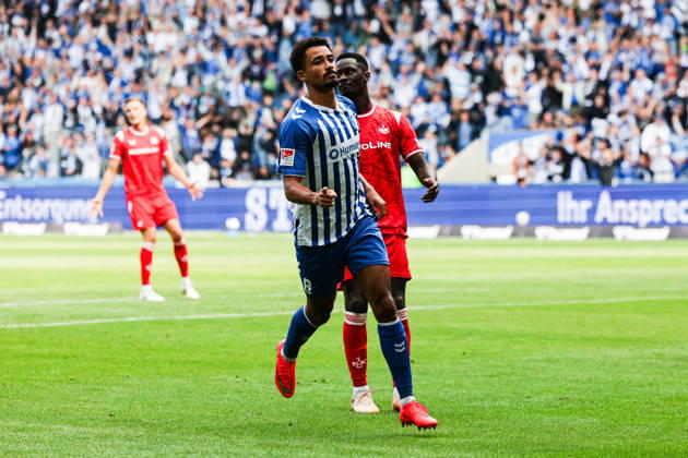 Goal celebration: Goal scorer Emmanuel Iyoha of 1. FC Magdeburg (8) scores to make it 3–0. 2026–2027 Bundesliga season, 1. FC Magdeburg vs. 1. FC Kaiserslautern at the Avnet Arena in Magdeburg. Action, soccer, man,Men, Germany, September 12, 2026
