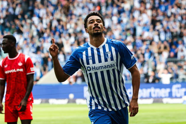 Goal celebration: Goal scorer Emmanuel Iyoha of 1. FC Magdeburg (8) scores to make it 3–0. 2026–2027 Bundesliga season, 1. FC Magdeburg vs. 1. FC Kaiserslautern at the Avnet Arena in Magdeburg. Action, soccer, man,Men, Germany, September 12, 2026