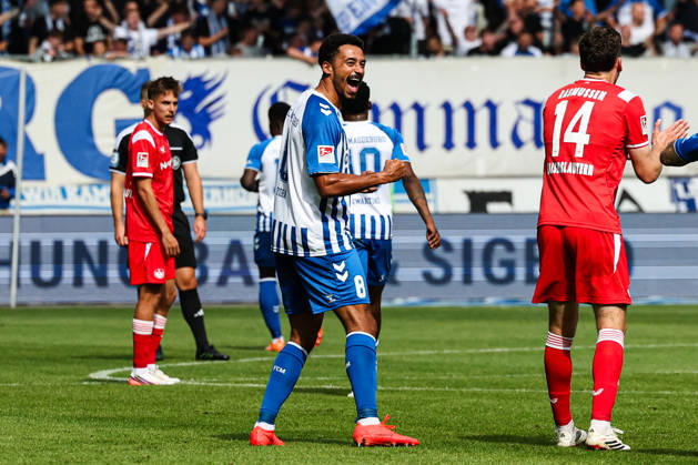 Goal celebration: Goal scorer Emmanuel Iyoha of 1. FC Magdeburg (8) scores to make it 3–0. 2026–2027 Bundesliga season: 1. FC Magdeburg vs. 1. FC Kaiserslautern at the Avnet Arena in Magdeburg. Action, soccer, man,Men, Germany, September 12, 2026