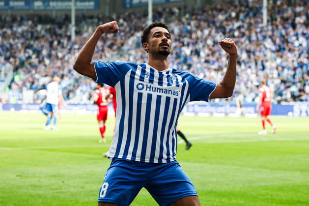 Goal celebration: Scorer Emmanuel Iyoha of 1. FC Magdeburg, No. 8, scores to make it 3–0. 2026–2027 Bundesliga Season: 1. FC Magdeburg vs. 1. FC Kaiserslautern at the Avnet Arena in Magdeburg. Action, soccer, man,Men, Germany, September 12, 2026
