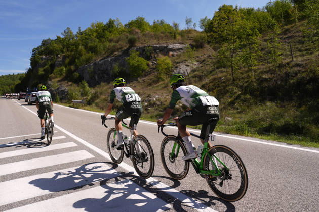 Spain s Fernando Barcelo Aragon of Caja Rural-Seguros RGA . Colombia s Fernando Gaviria Rendon of Caja Rural-Seguros RGA , Spain s Joan Bou Company of Caja Rural-Seguros RGA during the Giro d™Abruzzo, stage 3 from Oricola - Piana del Cavaliere to San Benedetto dei Marsi (159 km) - Abruzzo, Italy - Thursday, September 17, 2026. - cycling. Copyright: xFabioxFerrari LaPressex