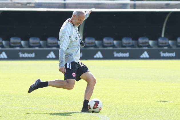 Coach Adi Hütter, Eintracht Frankfurt, takes a shot on September 17, 2026, Bundesliga, 2026–27 season, Eintracht Frankfurt training