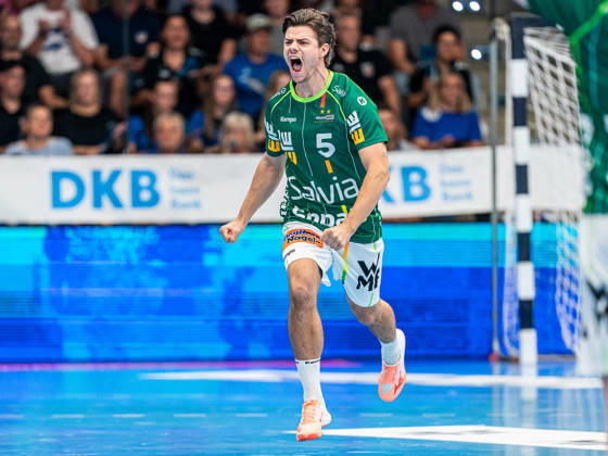 Rutger ten Velde of Frisch Auf Goeppingen, 05, celebrates after scoring a goal; Frisch Auf Goeppingen vs. Rhein Neckar Löwen, Handball, 1st Bundesliga, Men, 2026–2027 season, September 17, 2026, Frisch Auf Goeppingen vs. Rhein Neckar Löwen, Handball, 1st Bundesliga, Men, 2026–2027 season, September 17, 2026, Goeppingen Copyright: xEibner-Pressefoto MichaelxSchmidx EP_MST