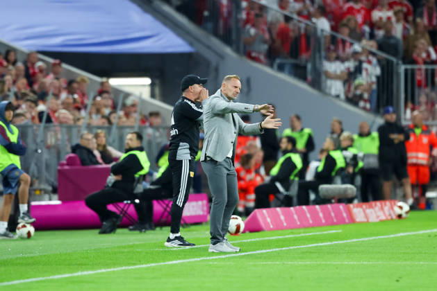 Mauro Lustrinelli of 1. FC Union Berlin, head coach, gesturing, with Sebastian Boenig of 1. FC Union Berlin, assistant coach, GER, FC Bayern Munich vs. 1. FC Union Berlin, soccer, Bundesliga, Matchday 4, 2026–2027 season, September 18, 2026, DFL and DFB regulations prohibit any use of photographs as image sequences and or quasi-video, GER, FC Bayern Munich vs. 1 FC Union Berlin, soccer, Bundesliga, Matchday 4, 2026–2027 season, September 18, 2026, Munich Copyright: xEibner-Pressefoto JennixMaulx EP_JML