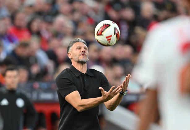 Coach Martin Demichelis of RB Leipzig catches the ball, Soccer 1 Bundesliga, Matchday 4, Bayer 04 Leverkusen vs. RB Leipzig, on September 20, 2026, in Leverkusen, Germany. DFL regulations prohibit any use of photographs as image sequences and or quasi-video. ÂÂ