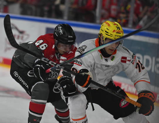 August 9, 2026, xophax, KEC, Ice Hockey, Haie LanxessArena Kölner Haie vs. Löwen Frankfurt. From left to right: Kevin Niedenz (KEC) and Daniel Wirt (Frankfurt). Cologne