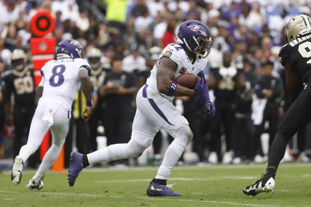 Baltimore Ravens running back Derrick Henry (22) runs the football during an NFL, American Football Herren, USA game against the New Orleans Saints. Sep 20, 2026; Baltimore, MD, USA; at M&T Bank Stadium. Mandatory Credit: -Cal Media NFL 2026: Saints Vs Ravens SEP 20 - ZUMAc04_ 20260920_zma_c04_026 Copyright: xMikexBuscherx