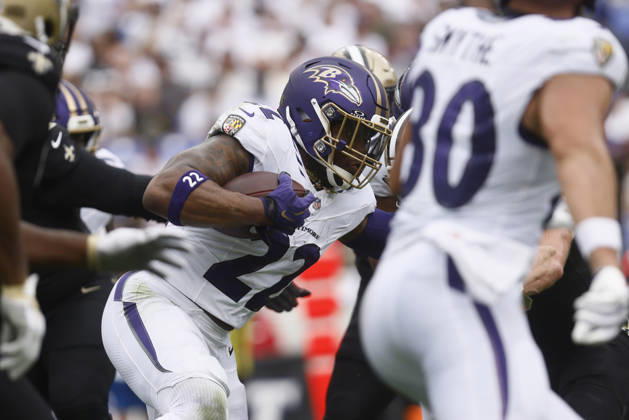 Baltimore Ravens running back Derrick Henry (22) runs the football during an NFL, American Football Herren, USA game against the New Orleans Saints. Sep 20, 2026; Baltimore, MD, USA; at M&T Bank Stadium. New Orleans won 24-17. Mandatory Credit: -Cal Media NFL 2026: Saints Vs Ravens SEP 20 - ZUMAc04_ 20260920_zma_c04_193 Copyright: xMikexBuscherx