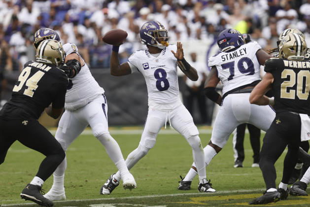 Baltimore Ravens quarterback Lamar Jackson (8) looks to pass during an NFL, American Football Herren, USA game against the New Orleans Saints. Sep 20, 2026; Baltimore, MD, USA; at M&T Bank Stadium. New Orleans won 24-17. Mandatory Credit: -Cal Media NFL 2026: Saints Vs Ravens SEP 20  - ZUMAc04_ 20260920_zma_c04_211 Copyright: xMikexBuscherx