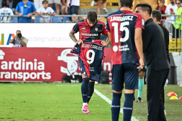 IPA88905563 - Daniel Maldini of Cagliari Calcio, Exultation, Joy, Celebration After Scoring a Goal, Kevin Carlos of Cagliari Calcio during the Cagliari Calcio vs. US Lecce Italian Serie A soccer match in Cagliari, Italy, September 7, 2026  Copyright: xLuigixCanu IPAxSportx xx IPA88905563