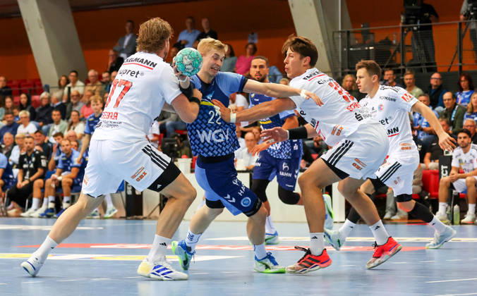 September 24, 2026, Germany, Stuttgart, DHB Cup 2026–2027 Season, TVB Stuttgart vs. HC Erlangen, from left: Maciej Gebala (HCE), Torben Matzken (TVB), Florian Scheerer (HCE)