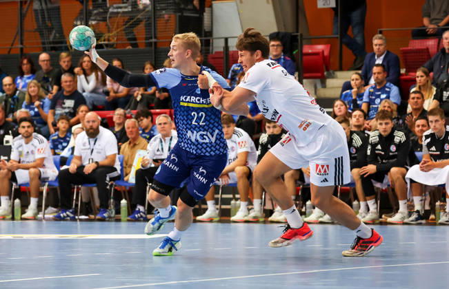 September 24, 2026, Germany, Stuttgart, DHB Cup 2026–2027 Season, TVB Stuttgart vs. HC Erlangen, from left: Torben Matzken (TVB), Florian Scheerer (HCE)
