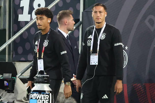 September 27, 2026, xrekx, Soccer, UEFA Nations League, Germany vs. Greece, Nathaniel Brown (Germany), Younes Ebnoutalib (Germany)—the first to take the field in Augsburg