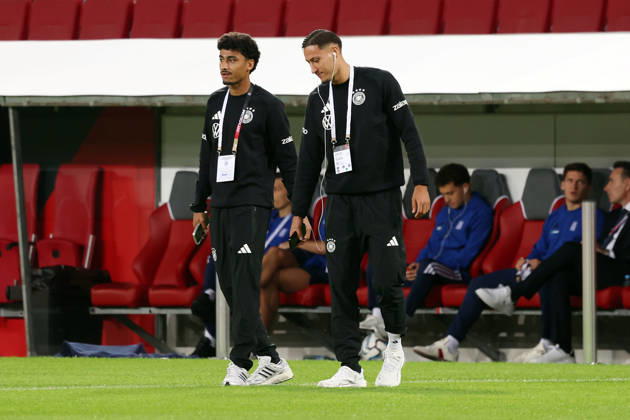 September 27, 2026, xrekx, Soccer, UEFA Nations League, Germany vs. Greece, Nathaniel Brown (Germany), Younes Ebnoutalib (Germany)—the first to take the field in Augsburg