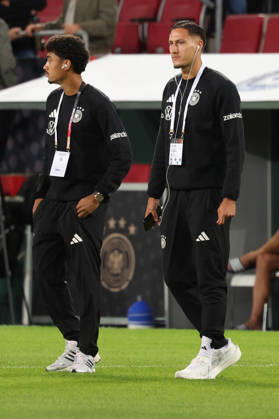 September 27, 2026, xrekx, Soccer UEFA Nations League, Germany vs. Greece, Nathaniel Brown (Germany), Younes Ebnoutalib (Germany), the first players on the field in Augsburg