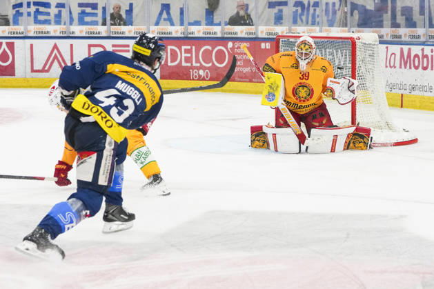 October 1, 2026, Quinto, Gottardo Arena, NL: HC Ambri Piotta vs. SCL Tigers 43 Tim Muggli (Ambri) vs. 39 goalkeeper Luca Boltshauser (Tigers), Quinto, Gottardo Arena, Ticino, Switzerland Copyright: xJustPictures.ch JarixPestelaccix jp-en-JaPe-JP6_JAr_NL_HCAP_SCL_01Ott2026_000123