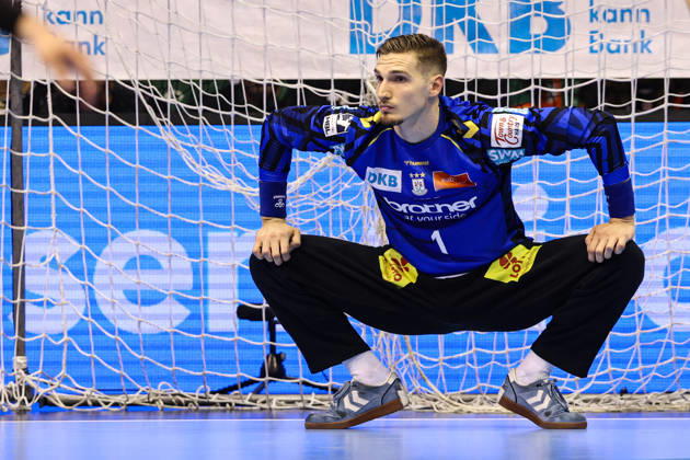 Goalkeeper Dominik Kuzmanovic, SC Magdeburg, Handball Bundesliga Season 2026–2027: SC Magdeburg vs. THW Kiel at the GETEC Arena in Magdeburg; Cutout, Action, Handball, Germany, September 30, 2026